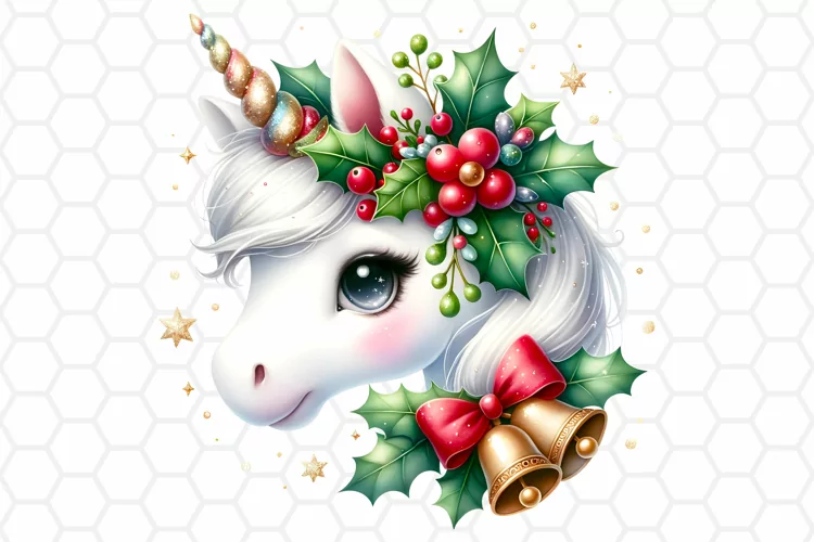 Watercolor Christmas Unicorn Clipart, Sublimation PNG