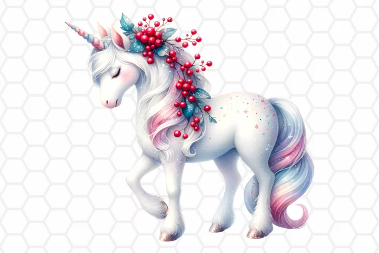 Watercolor Christmas Unicorn Clipart, Sublimation PNG