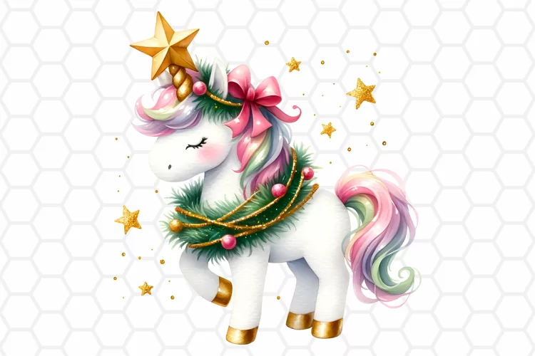 Watercolor Christmas Unicorn Clipart, Sublimation PNG
