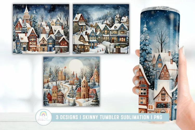 Watercolor Christmas Village Tumbler Sublimation