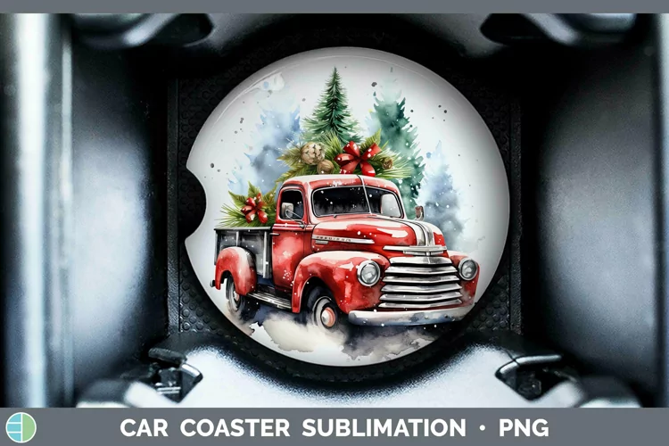 Watercolor Christmas Vintage Truck Car Coaster Sublimation C