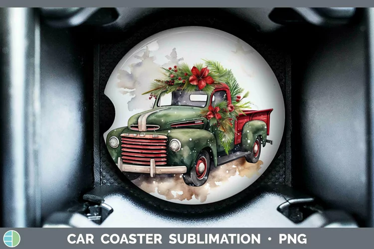 Watercolor Christmas Vintage Truck Car Coaster Sublimation C