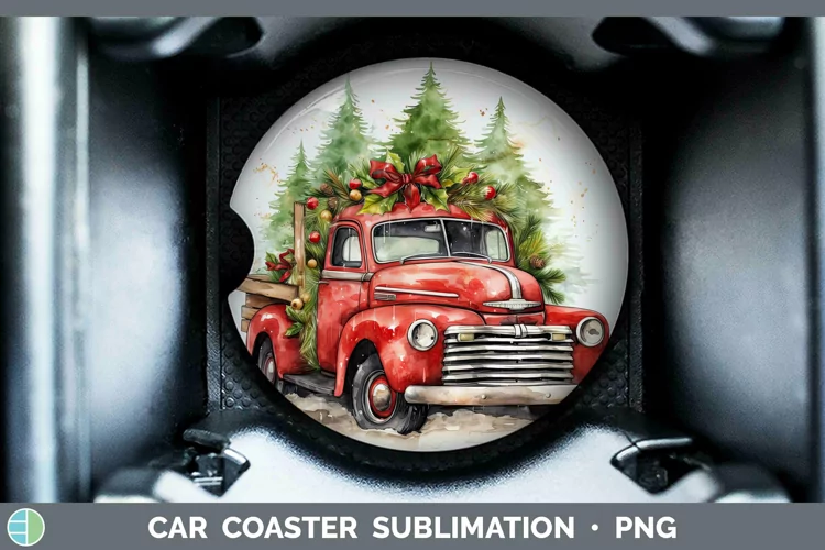 Watercolor Christmas Vintage Truck Car Coaster Sublimation C