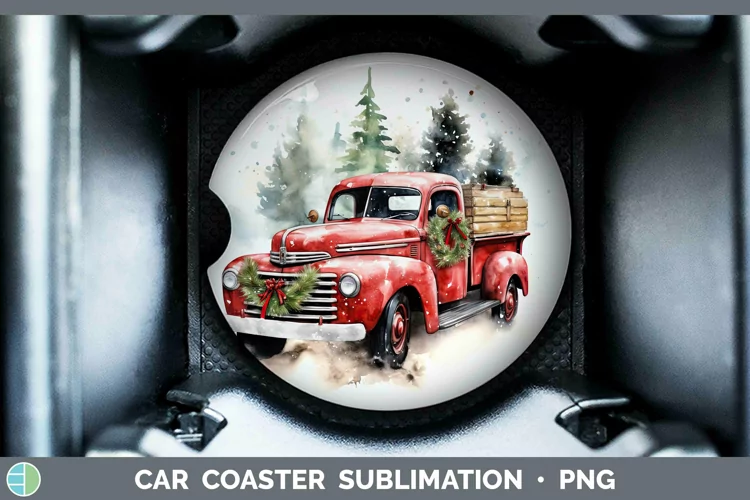 Watercolor Christmas Vintage Truck Car Coaster Sublimation C