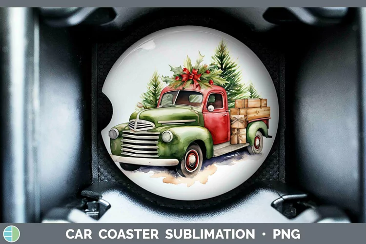 Watercolor Christmas Vintage Truck Car Coaster Sublimation C