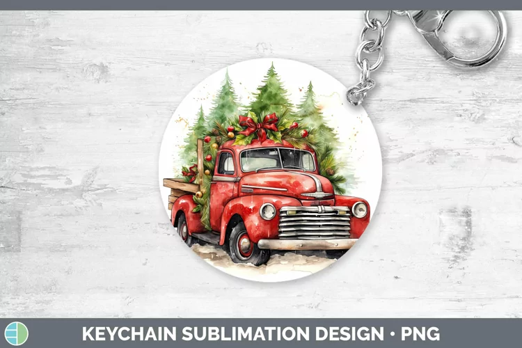 Watercolor Christmas Vintage Truck Keychain Sublimation Keyr