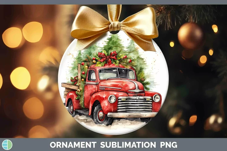 Watercolor Christmas Vintage Truck Ornament Sublimation Baub
