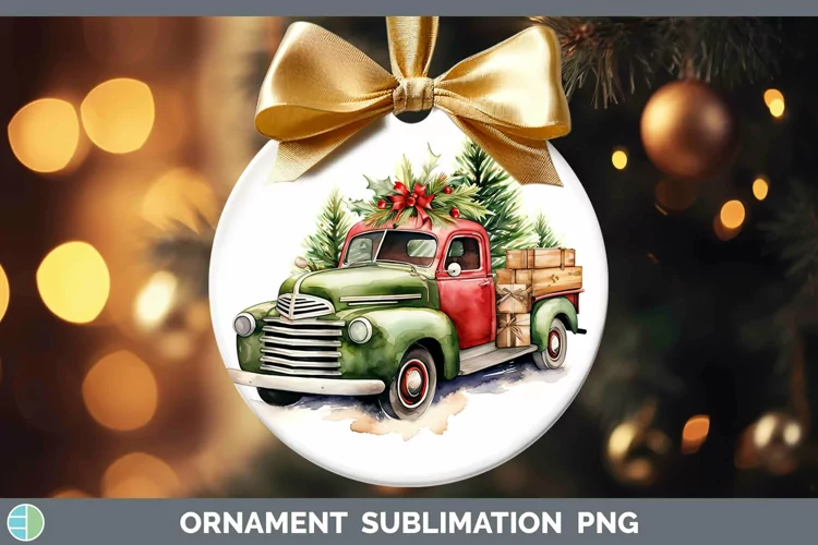 Watercolor Christmas Vintage Truck Ornament Sublimation Baub