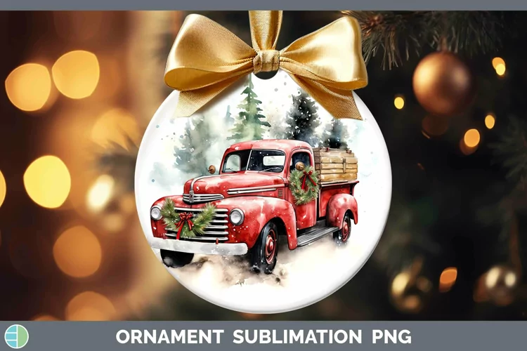 Watercolor Christmas Vintage Truck Ornament Sublimation Baub