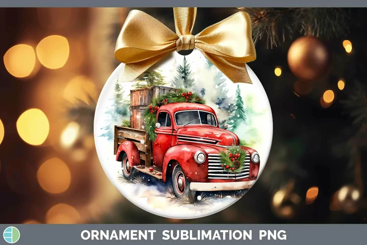 Watercolor Christmas Vintage Truck Ornament Sublimation Baub