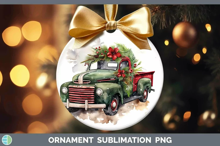 Watercolor Christmas Vintage Truck Ornament Sublimation Baub