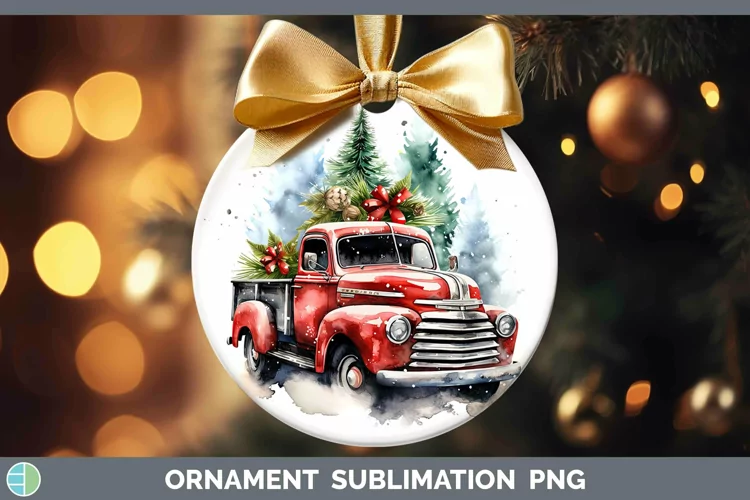 Watercolor Christmas Vintage Truck Ornament Sublimation Baub