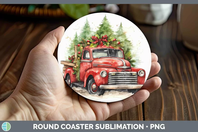 Watercolor Christmas Vintage Truck Round Coaster Sublimation