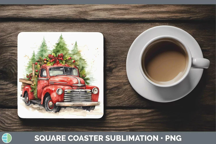 Watercolor Christmas Vintage Truck Square Coaster Sublimatio
