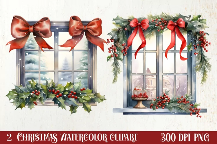Watercolor Christmas Window Clipart