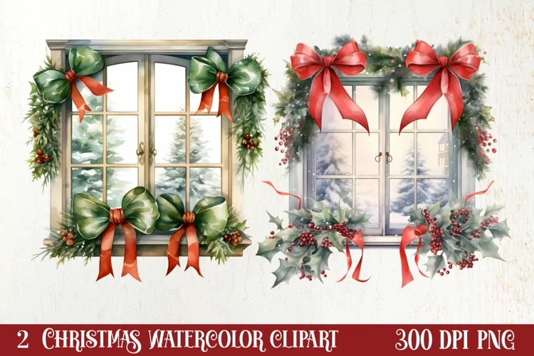 Watercolor Christmas Window Clipart