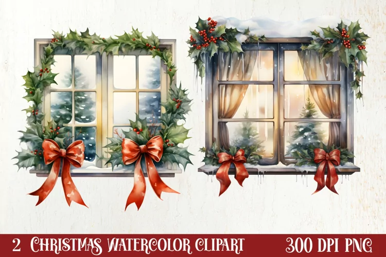 Watercolor Christmas Window Clipart