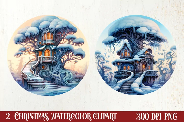 Watercolor Christmas Winter Houses Clipart