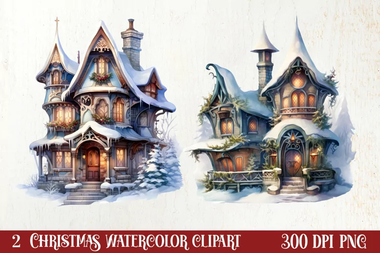 Watercolor Christmas Winter Houses Clipart