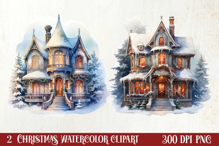 Watercolor Christmas Winter Houses Clipart