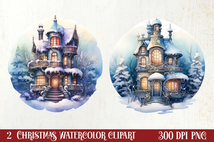 Watercolor Christmas Winter Houses Clipart