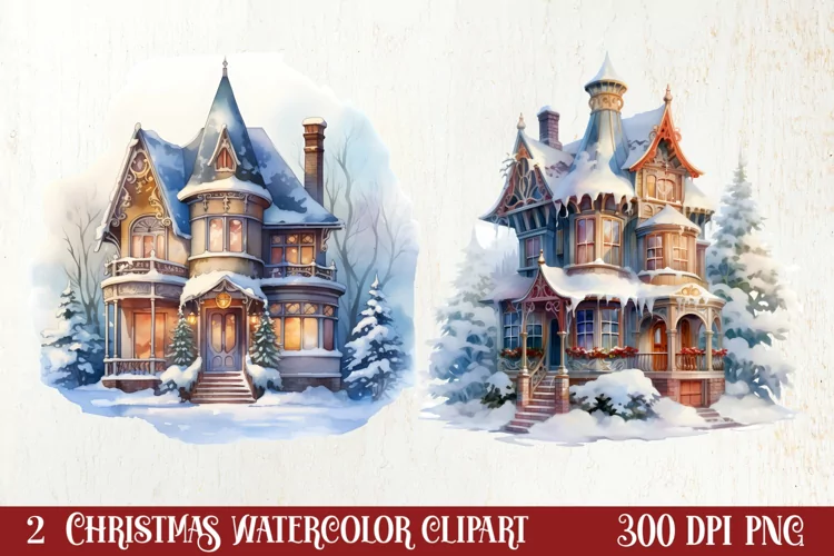 Watercolor Christmas Winter Houses Clipart