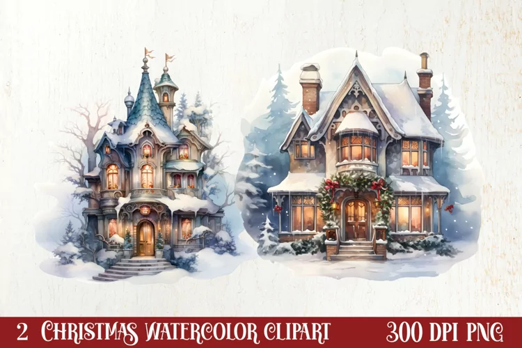 Watercolor Christmas Winter Houses Clipart