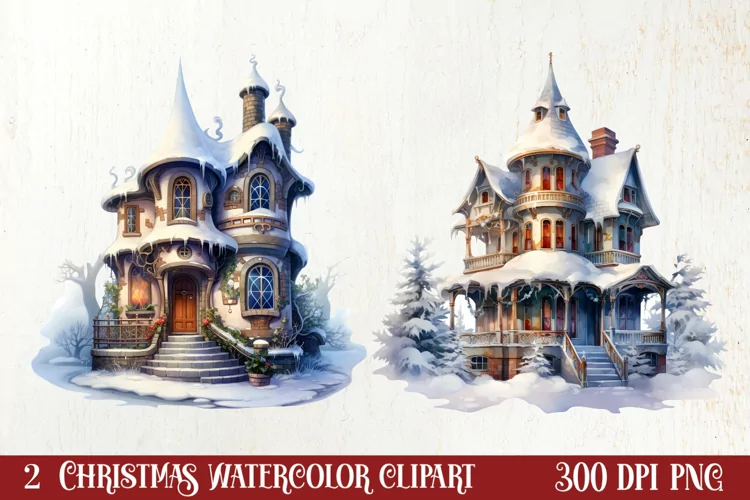 Watercolor Christmas Winter Houses Clipart
