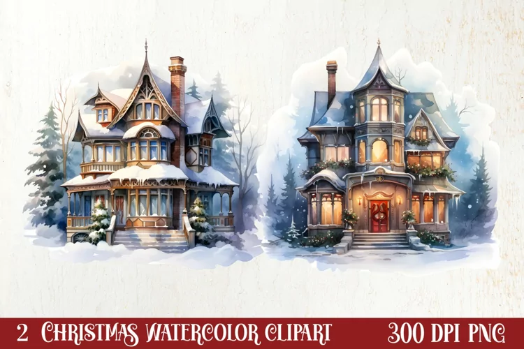 Watercolor Christmas Winter Houses Clipart