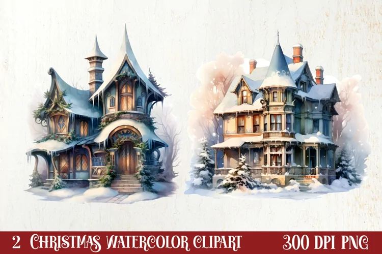 Watercolor Christmas Winter Houses Clipart