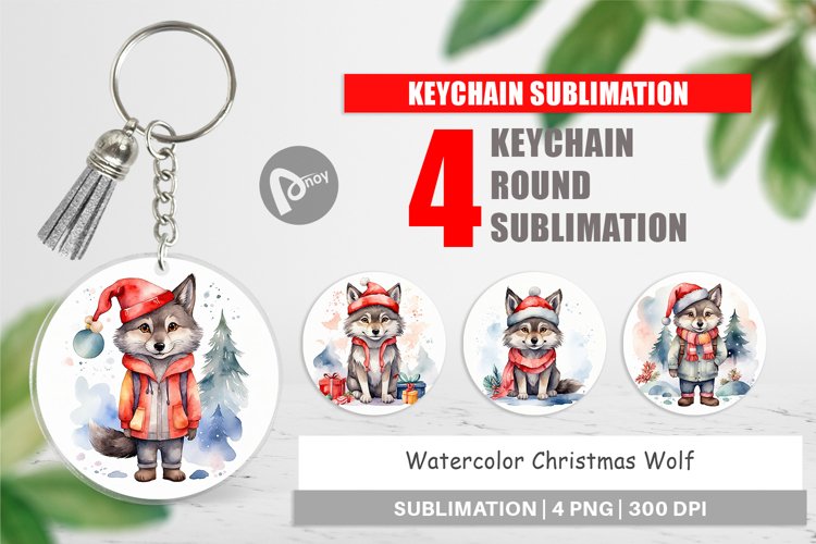 Keychain Watercolor Christmas Wolf
