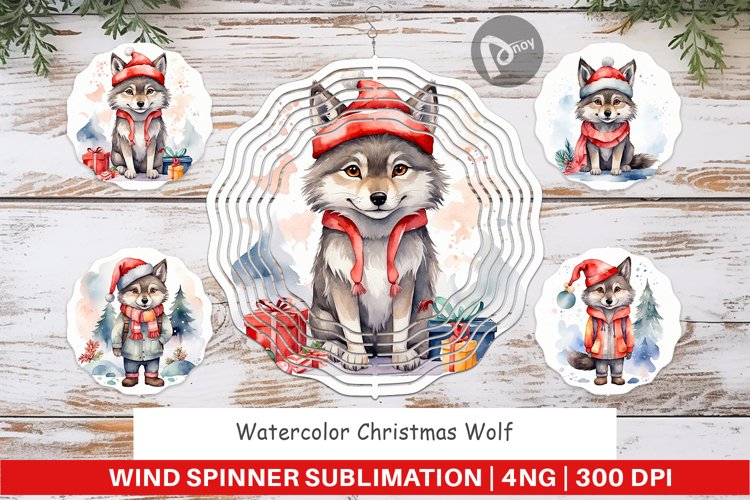 Wind Spinner Watercolor Christmas Wolf