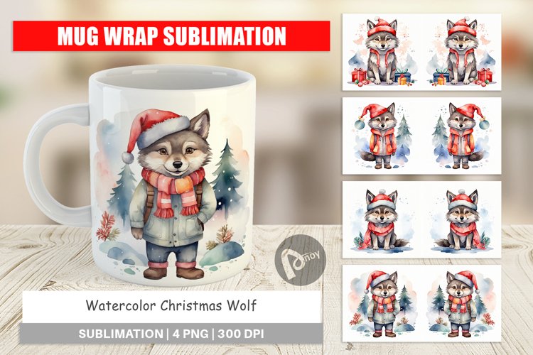 Mug Wrap Design Watercolor Christmas Wolf