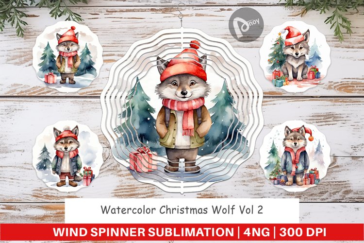 Wind Spinner Watercolor Christmas Wolf