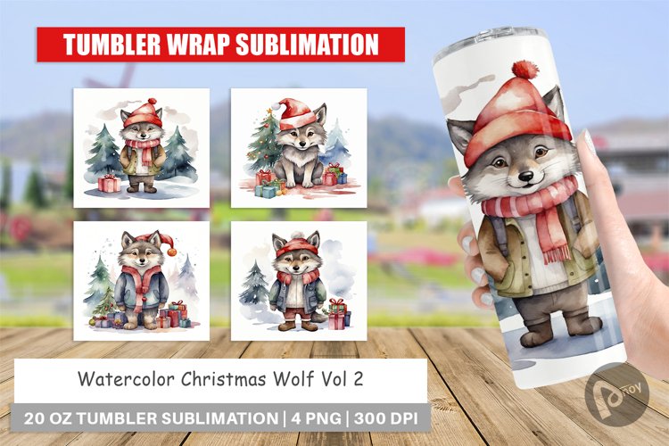 Tumbler Wrap Watercolor Christmas Wolf