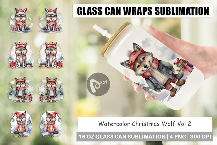 Glass Can Wraps Watercolor Christmas Wolf