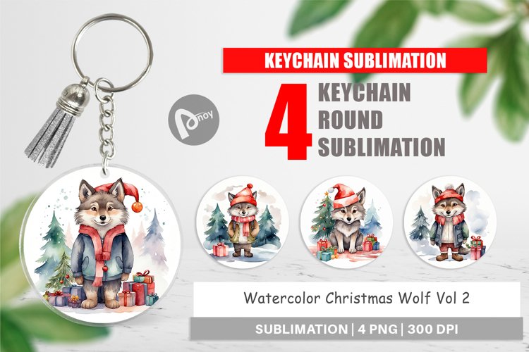 Keychain Watercolor Christmas Wolf