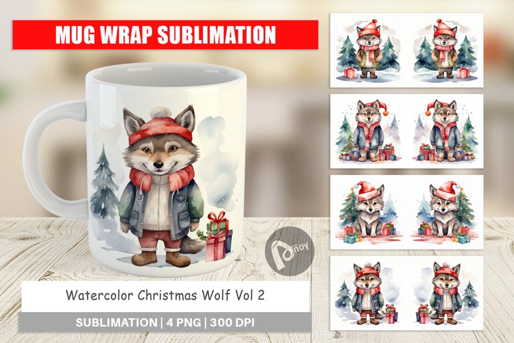 Mug Wrap Design Watercolor Christmas Wolf