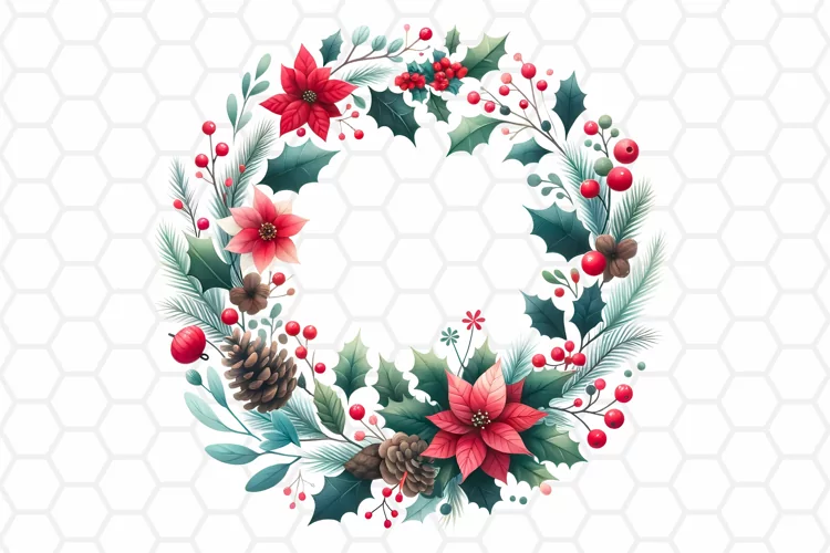 Watercolor Christmas Wreath Clipart, Sublimation PNG