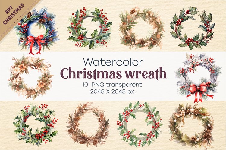 Watercolor Christmas wreath. PNG, Clipart. example image 1