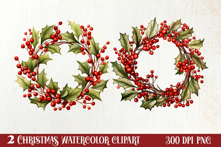Watercolor Christmas Wreath Sublimation Clipart, Christmas S