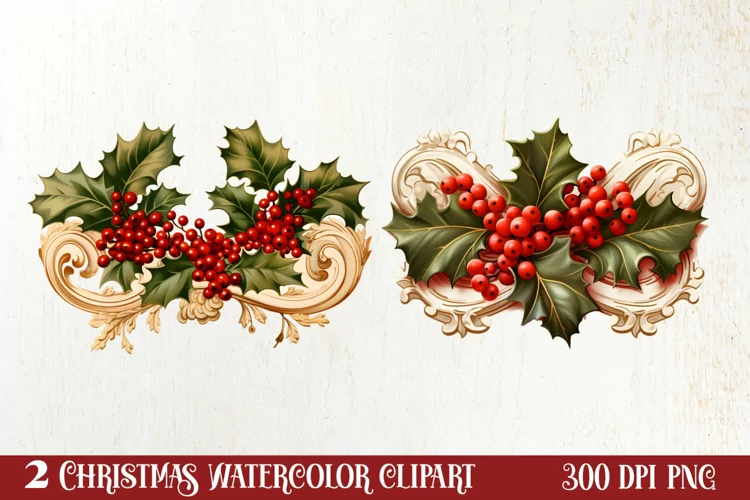 Watercolor Christmas Wreath Sublimation Clipart, Christmas S