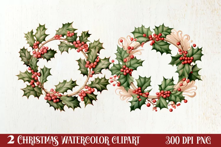 Watercolor Christmas Wreath Sublimation Clipart, Christmas S