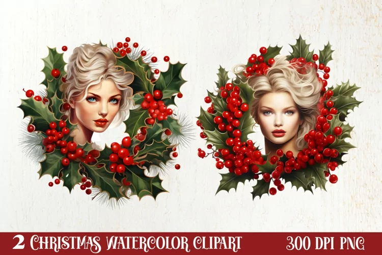 Watercolor Christmas Wreath Sublimation Clipart, Christmas S
