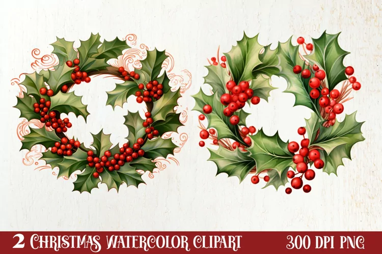 Watercolor Christmas Wreath Sublimation Clipart, Christmas S