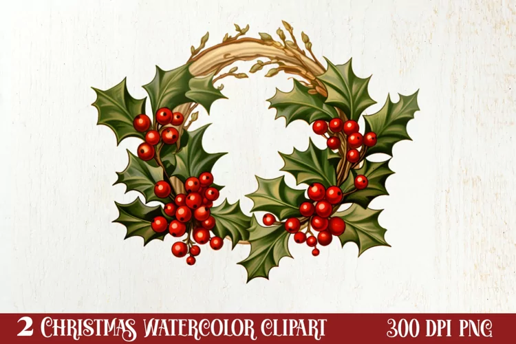 Watercolor Christmas Wreath Sublimation Clipart, Christmas S