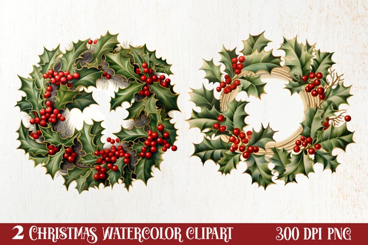 Watercolor Christmas Wreath Sublimation Clipart, Christmas S