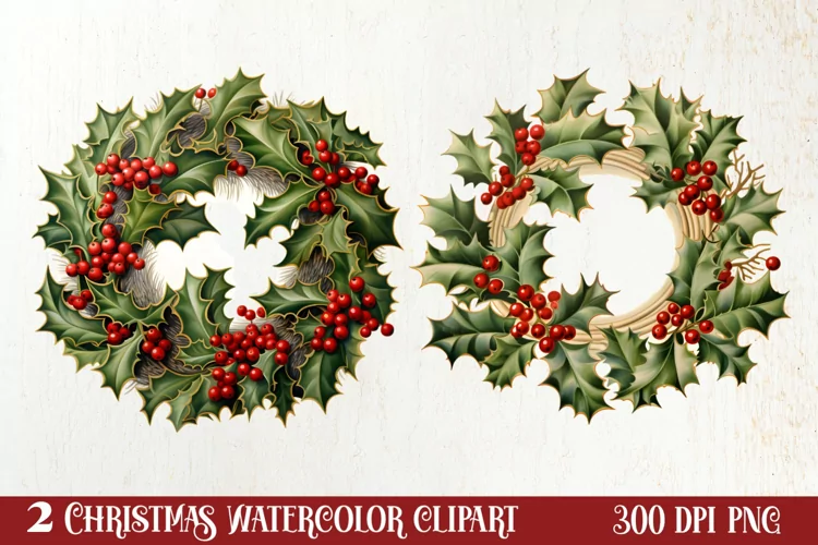Watercolor Christmas Wreath Sublimation Clipart, Christmas S
