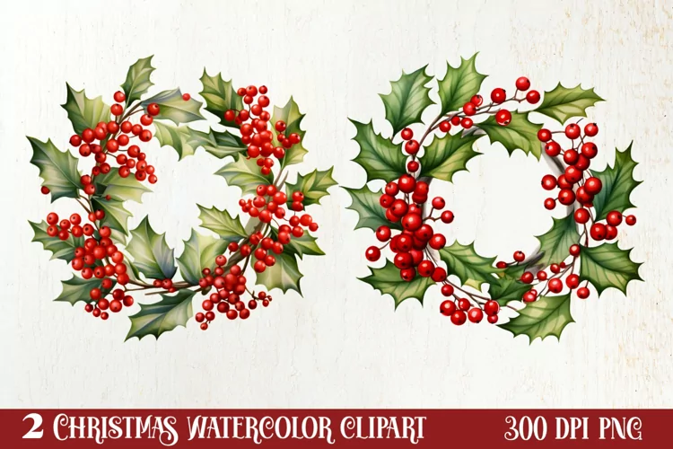 Watercolor Christmas Wreath Sublimation Clipart, Christmas S