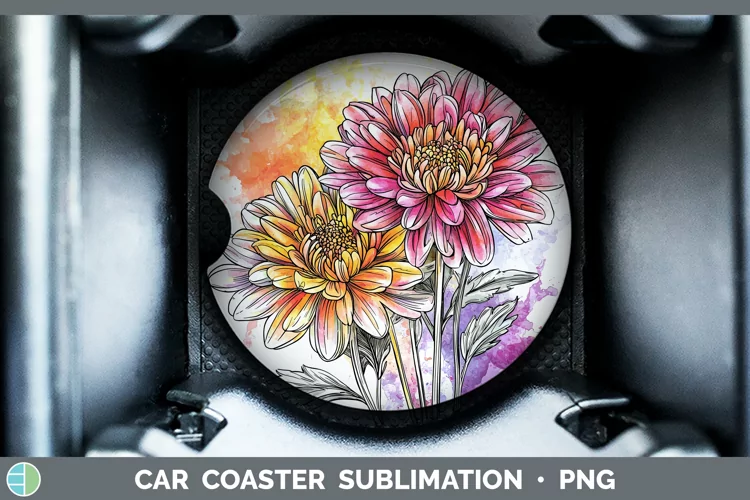 Watercolor Chrysanthemum Car Coaster Sublimation Designs